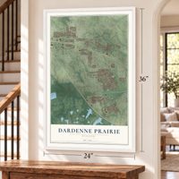 Dardenne Prairie, Missouri map, 24 x 36 inch print in a white frame by a staircase