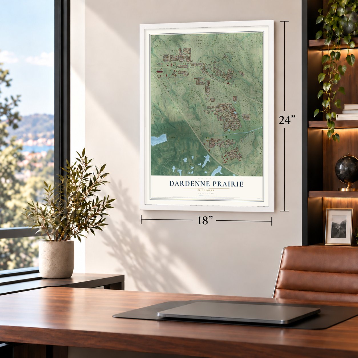 Dardenne Prairie, Missouri map, 18 x 24 inch print in a white frame in a home office
