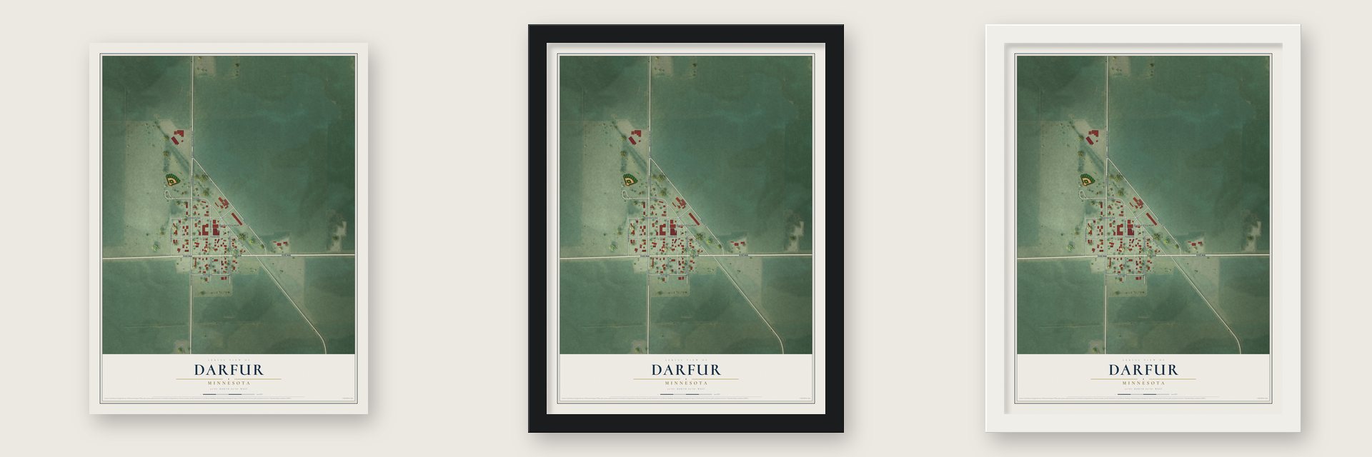 Darfur, Minnesota map unframed, in a black wood frame and in a white wood frame