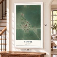 Darfur, Minnesota map, 24 x 36 inch print in a white frame by a staircase