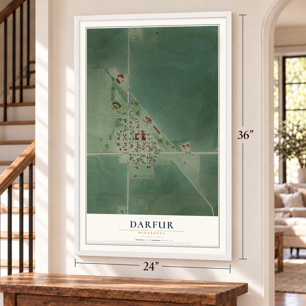 Darfur, Minnesota map, 24 x 36 inch print in a white frame by a staircase