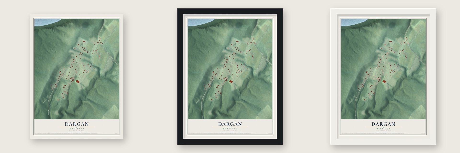 Dargan, Maryland map unframed, in a black wood frame and in a white wood frame