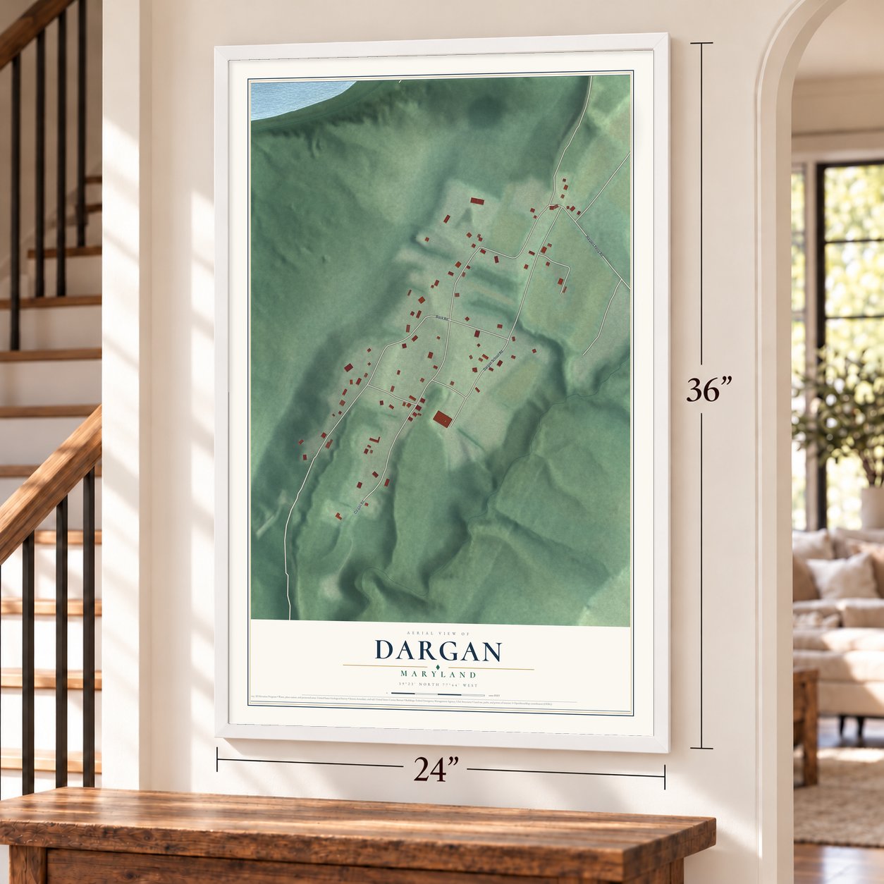 Dargan, Maryland map, 24 x 36 inch print in a white frame by a staircase