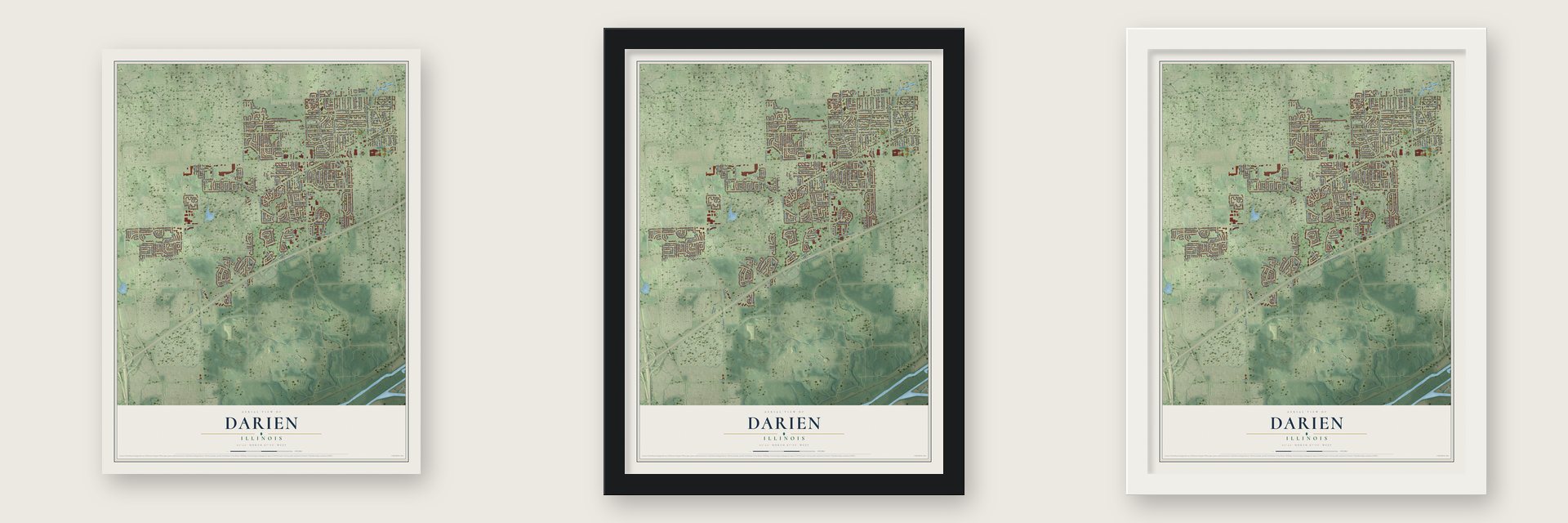 Darien, Illinois map unframed, in a black wood frame and in a white wood frame
