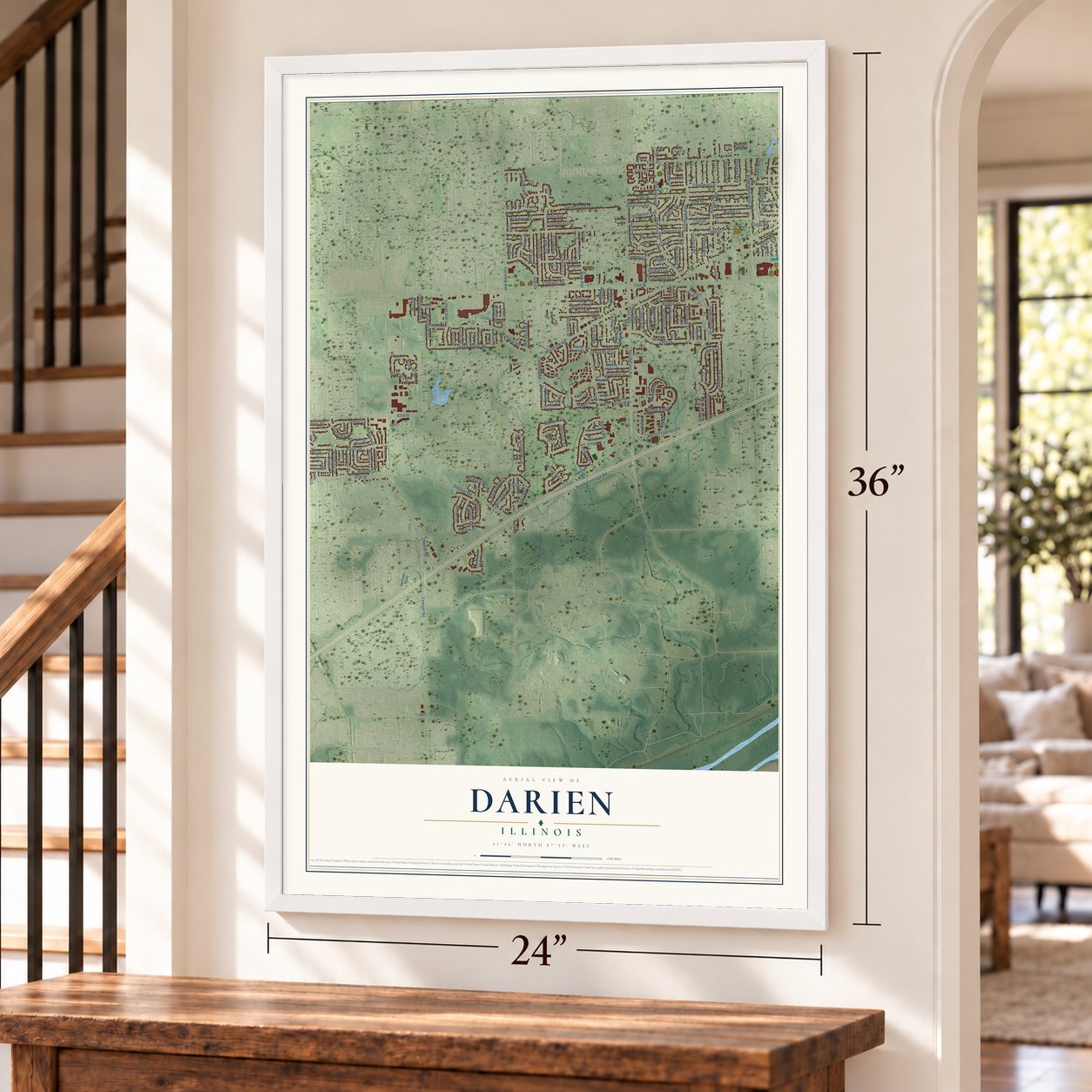 Darien, Illinois map, 24 x 36 inch print in a white frame by a staircase