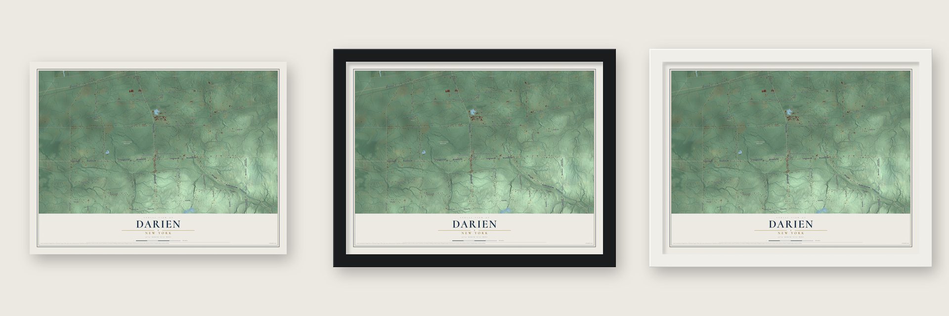 Darien, New York map unframed, in a black wood frame and in a white wood frame