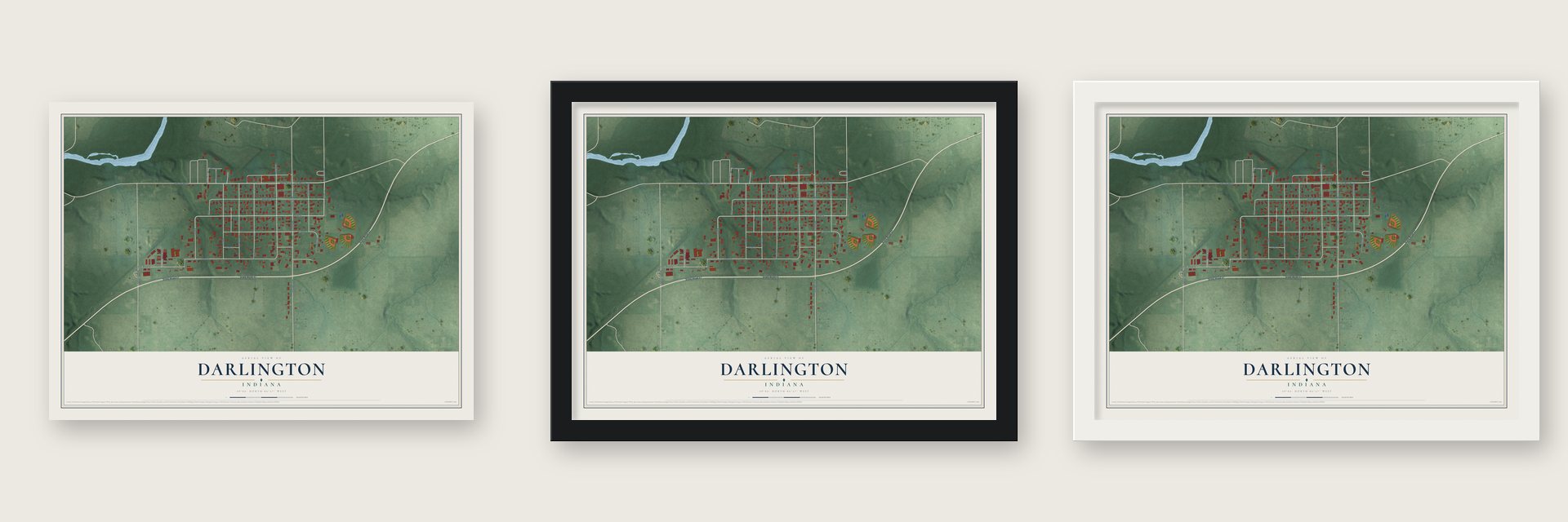 Darlington, Indiana map unframed, in a black wood frame and in a white wood frame