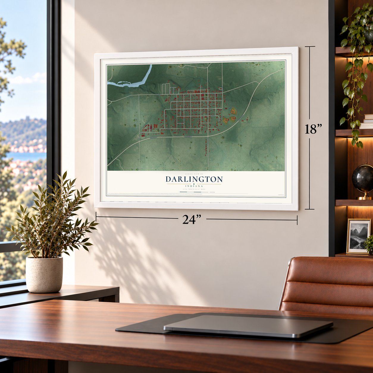 Darlington, Indiana map, 18 x 24 inch print in a white frame in a home office