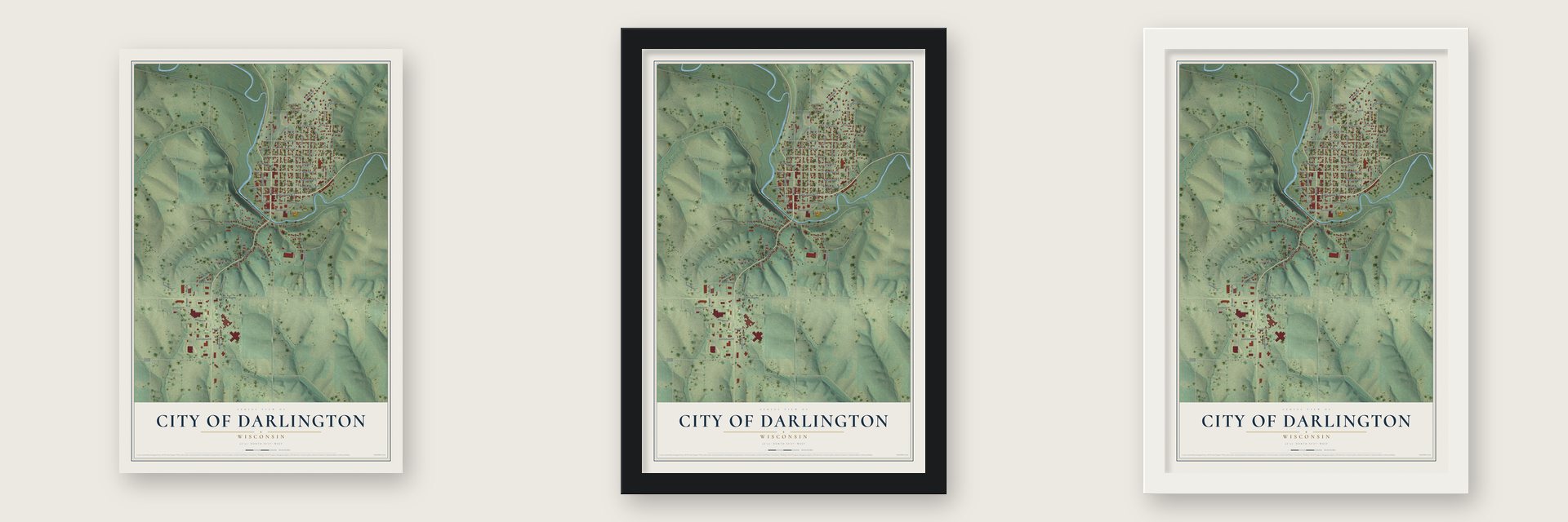 Darlington, Wisconsin map unframed, in a black wood frame and in a white wood frame