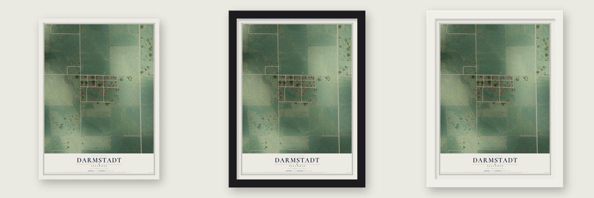 Darmstadt, Illinois map unframed, in a black wood frame and in a white wood frame
