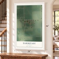 Darmstadt, Illinois map, 24 x 36 inch print in a white frame by a staircase