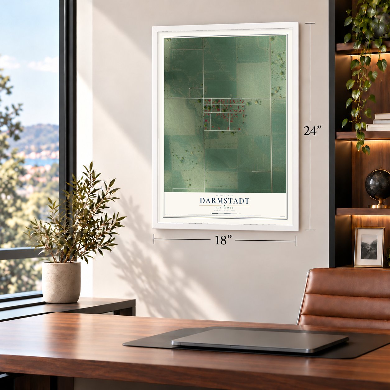 Darmstadt, Illinois map, 18 x 24 inch print in a white frame in a home office