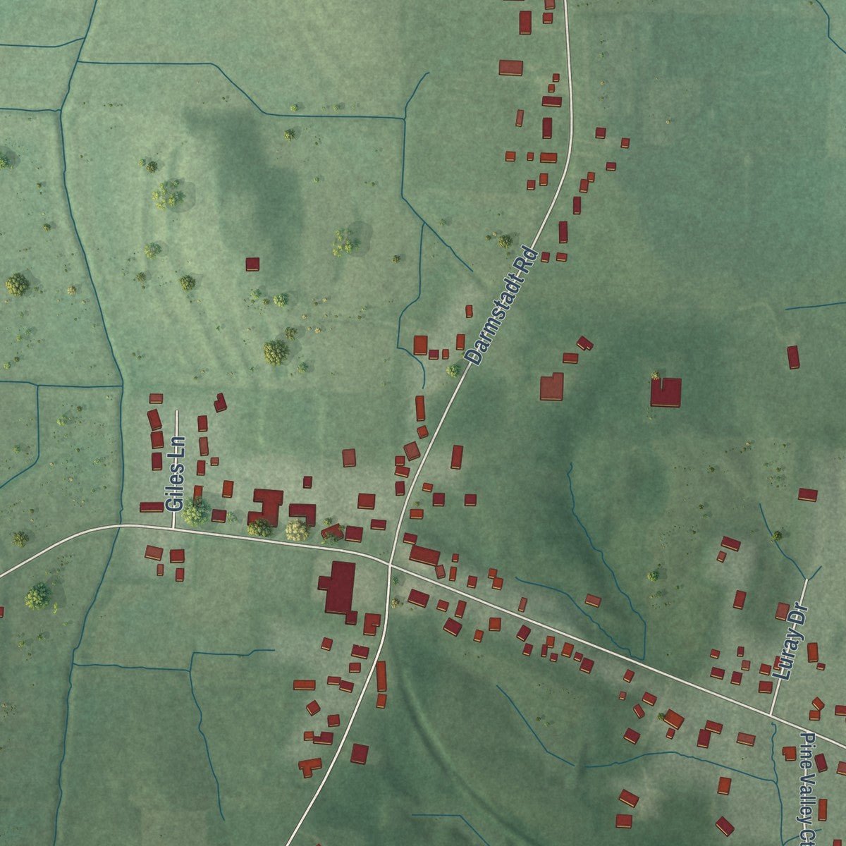 Second close-up of the map of Darmstadt, Indiana print showing more streets and buildings