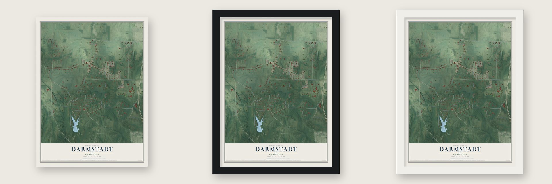 Darmstadt, Indiana map unframed, in a black wood frame and in a white wood frame