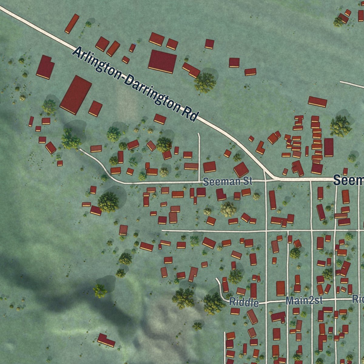 Second close-up of the map of Darrington, Washington print showing more streets and buildings