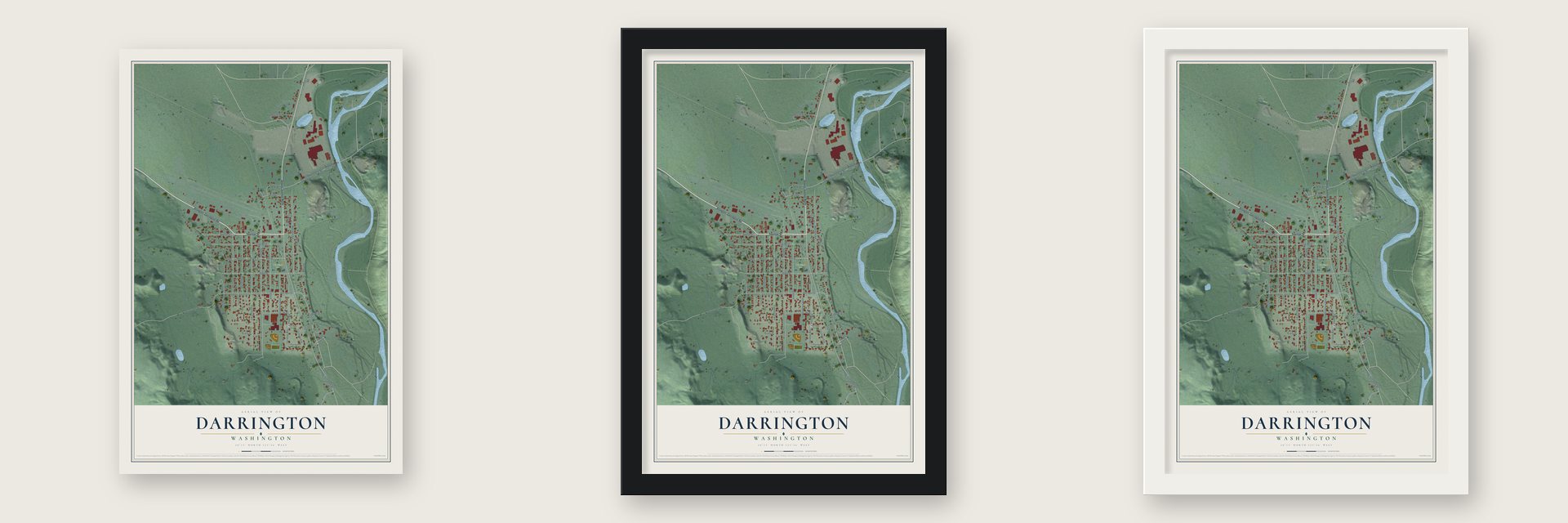 Darrington, Washington map unframed, in a black wood frame and in a white wood frame