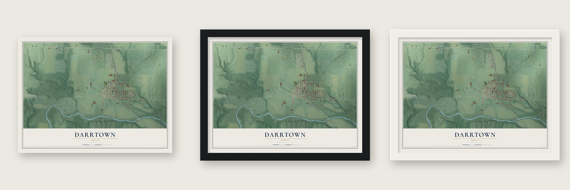 Darrtown, Ohio map unframed, in a black wood frame and in a white wood frame