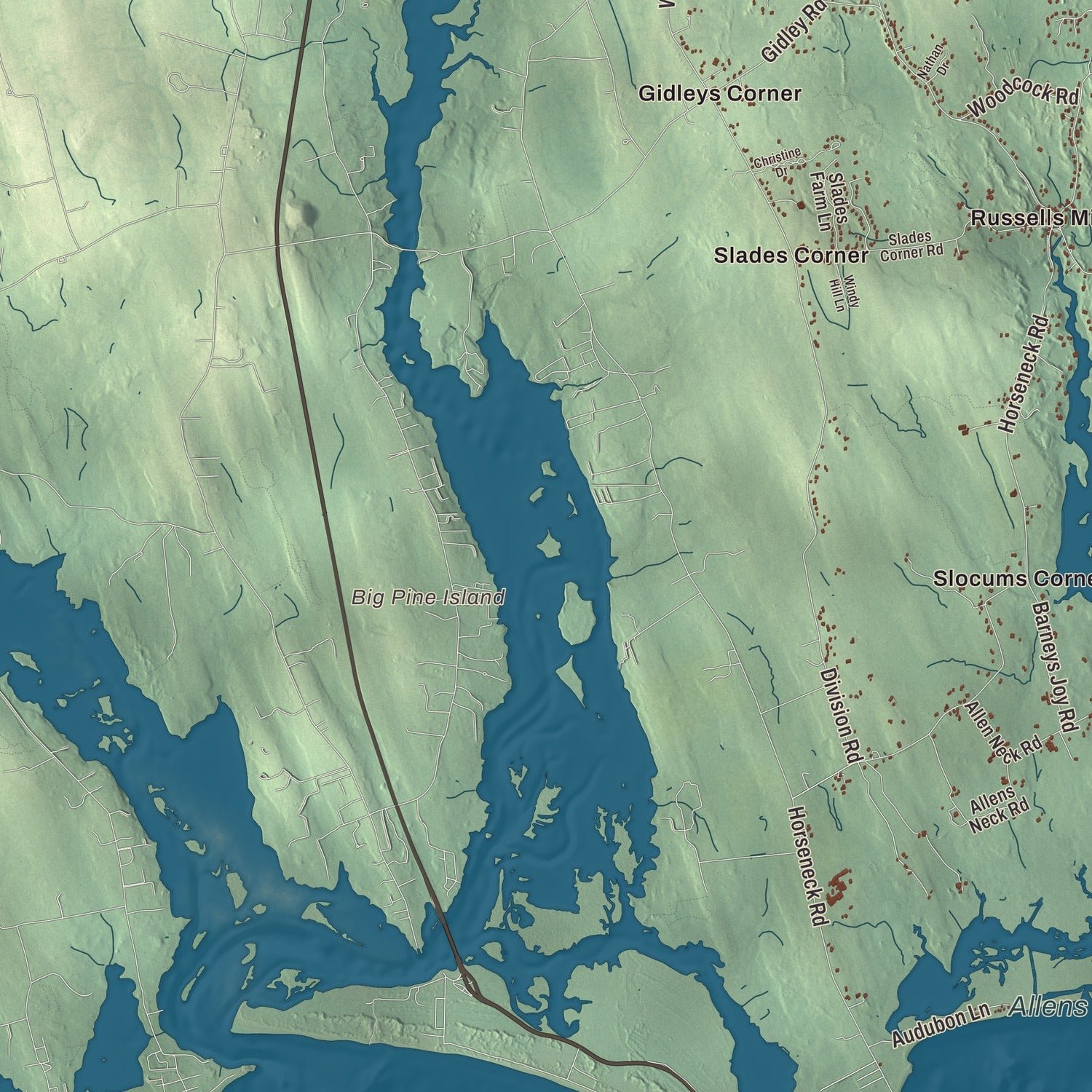 Close-up of the map of Dartmouth, Massachusetts print showing terrain and local geography