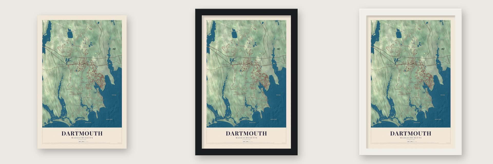 Dartmouth, Massachusetts map unframed, in a black wood frame and in a white wood frame
