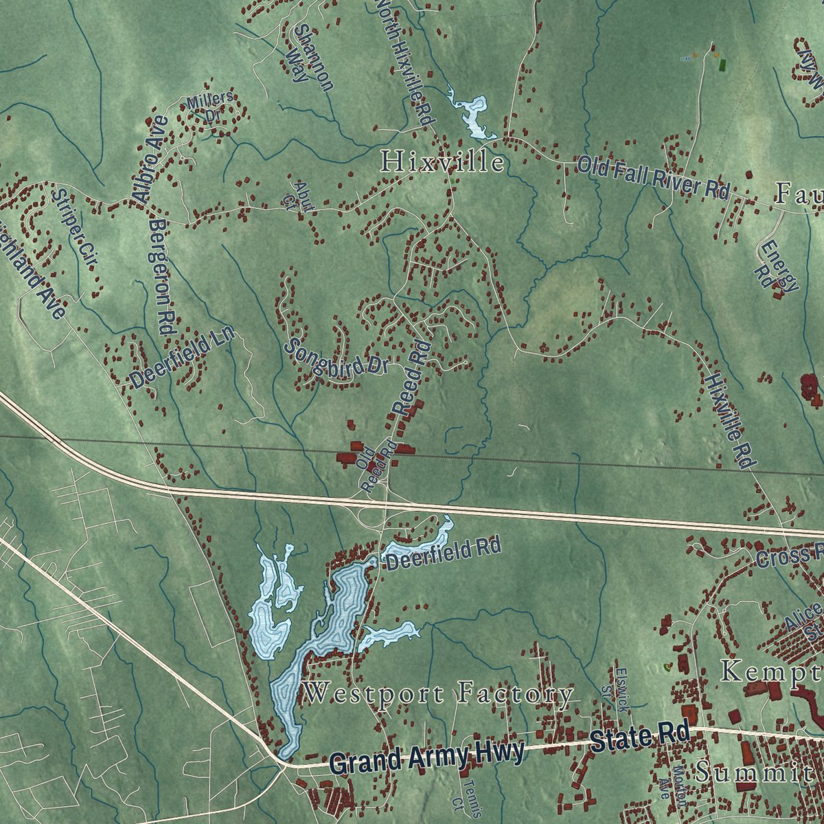 Second close-up of the map of Dartmouth, Massachusetts print showing more streets and buildings