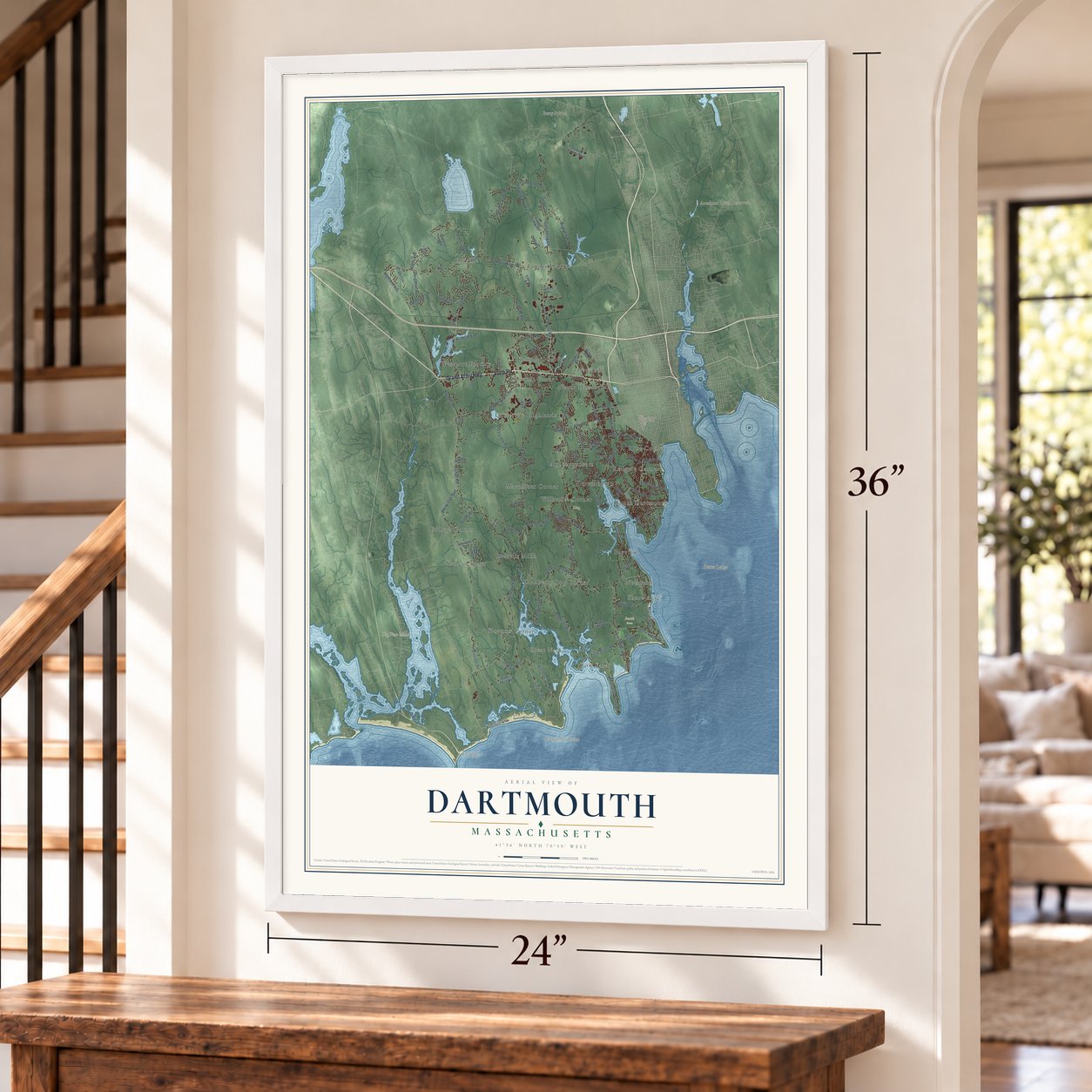 Dartmouth, Massachusetts map, 24 x 36 inch print in a white frame by a staircase