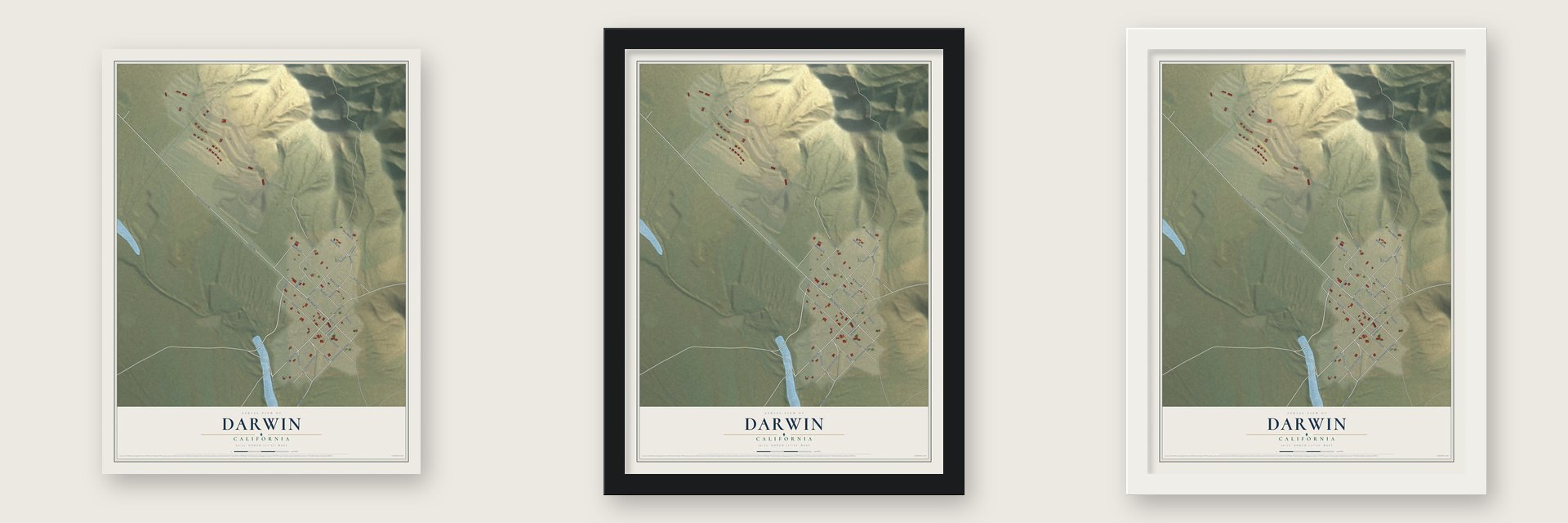 Darwin, California map unframed, in a black wood frame and in a white wood frame