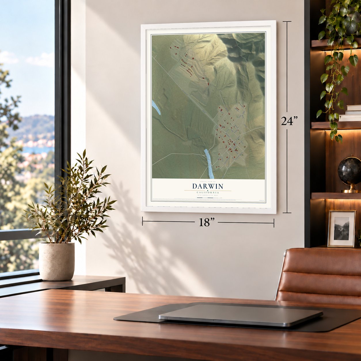 Darwin, California map, 18 x 24 inch print in a white frame in a home office