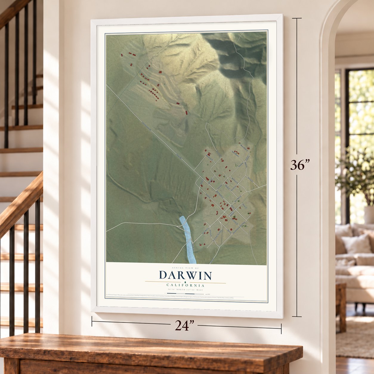 Darwin, California map, 24 x 36 inch print in a white frame by a staircase