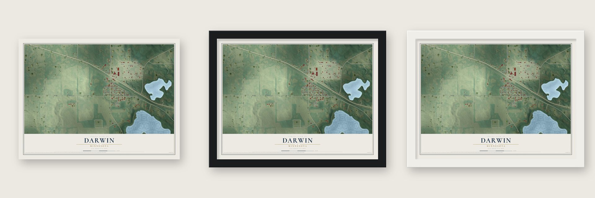Darwin, Minnesota map unframed, in a black wood frame and in a white wood frame