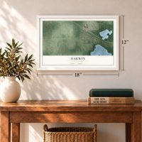 Darwin, Minnesota map, 12 x 18 inch print in a white frame in an entryway