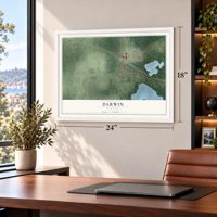 Darwin, Minnesota map, 18 x 24 inch print in a white frame in a home office