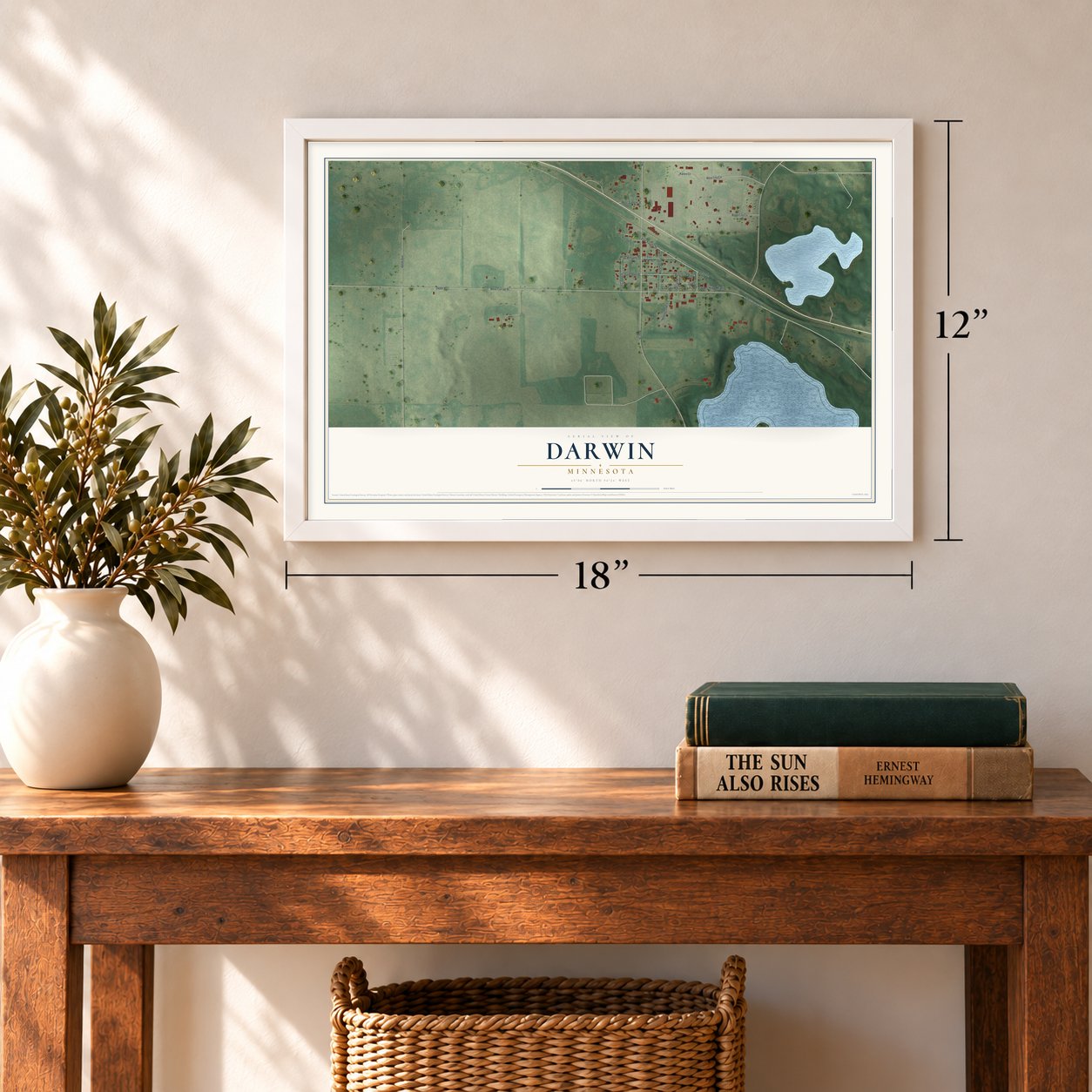 Darwin, Minnesota map, 12 x 18 inch print in a white frame in an entryway