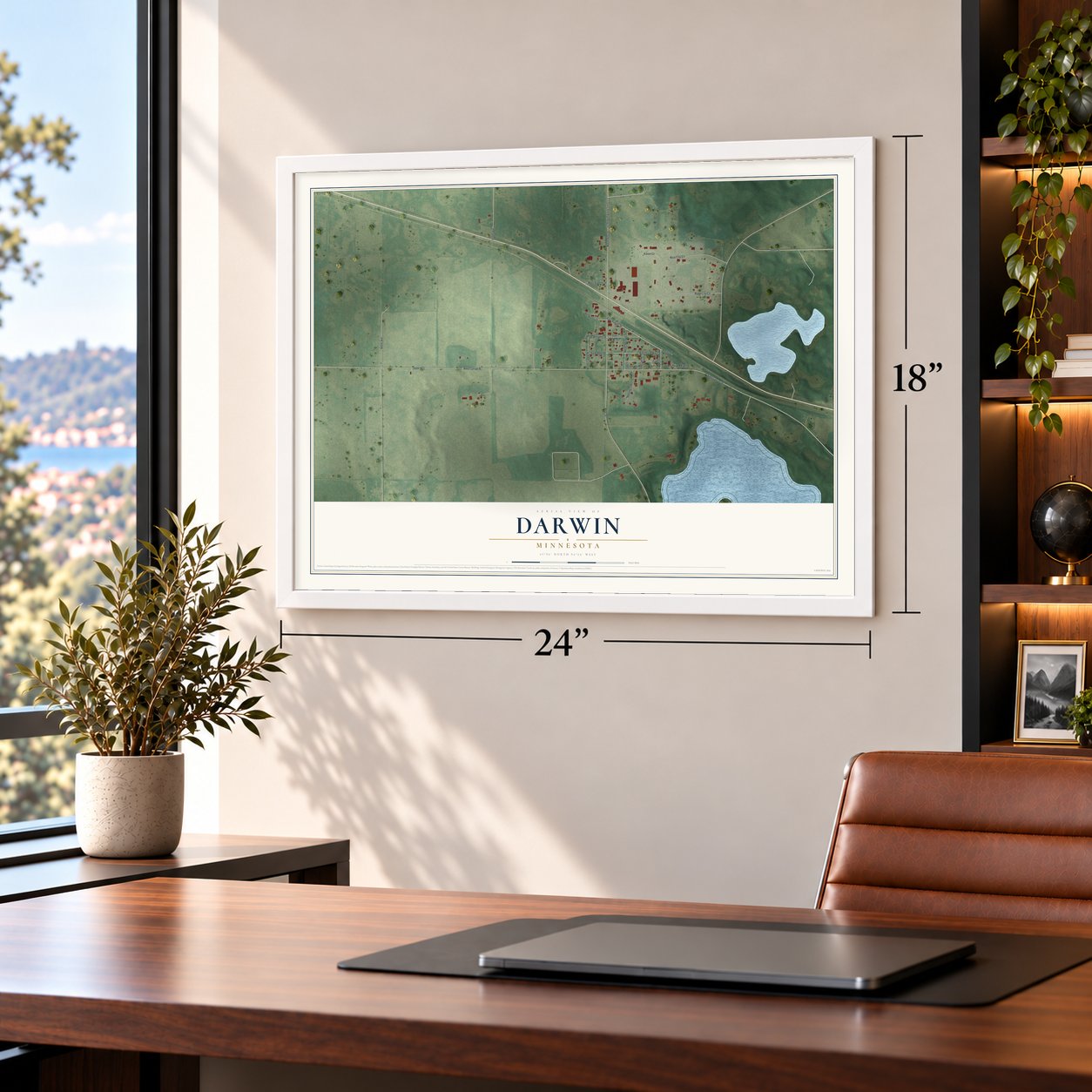 Darwin, Minnesota map, 18 x 24 inch print in a white frame in a home office