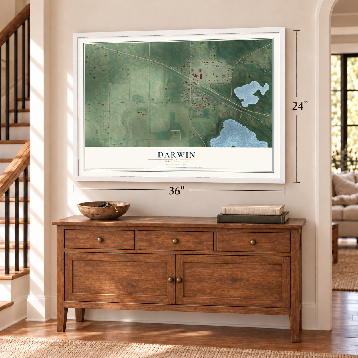 Darwin, Minnesota map, 24 x 36 inch print in a white frame above a dresser by a staircase