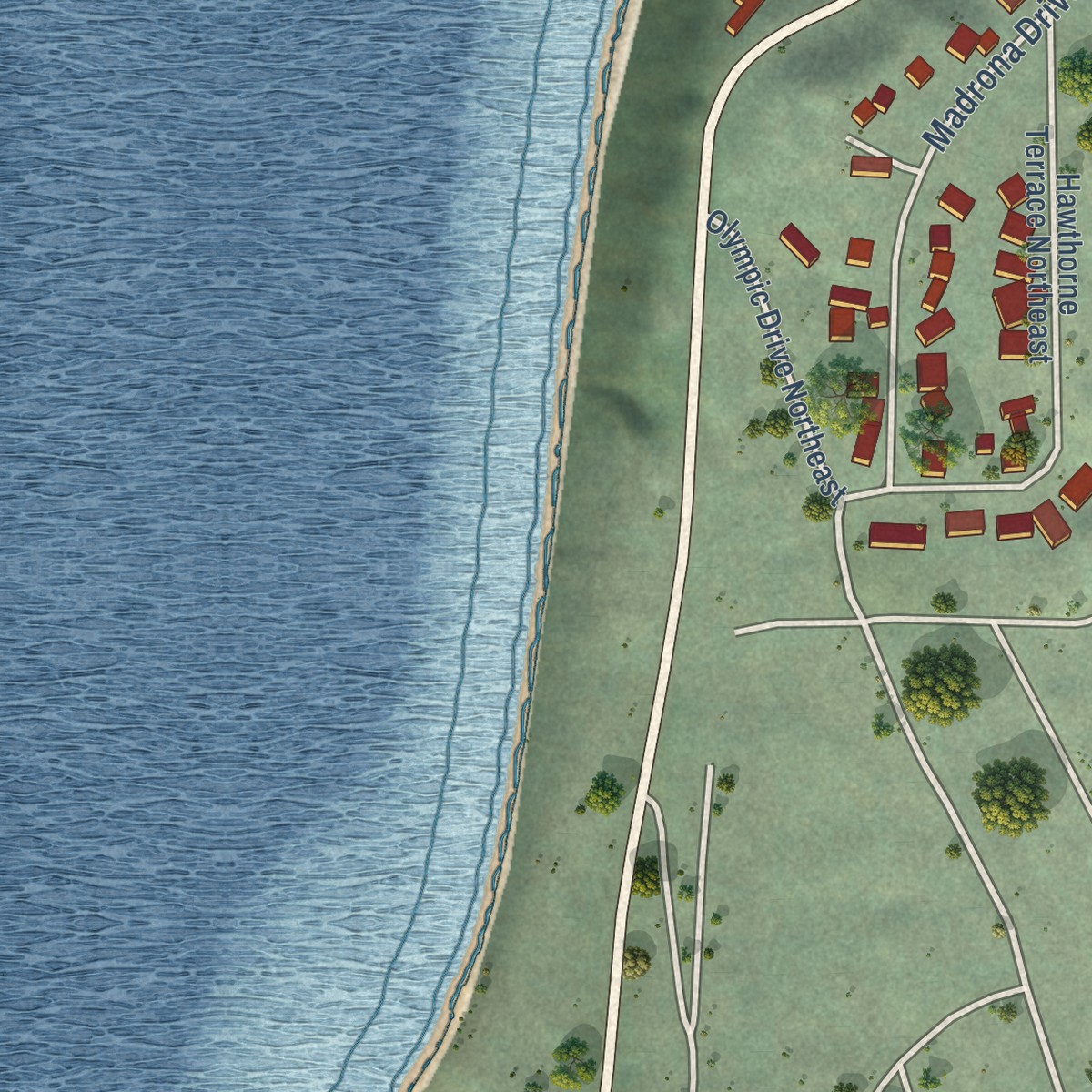 Second close-up of the map of Dash Point, Washington print showing more streets and buildings