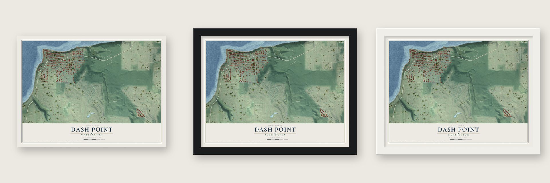 Dash Point, Washington map unframed, in a black wood frame and in a white wood frame