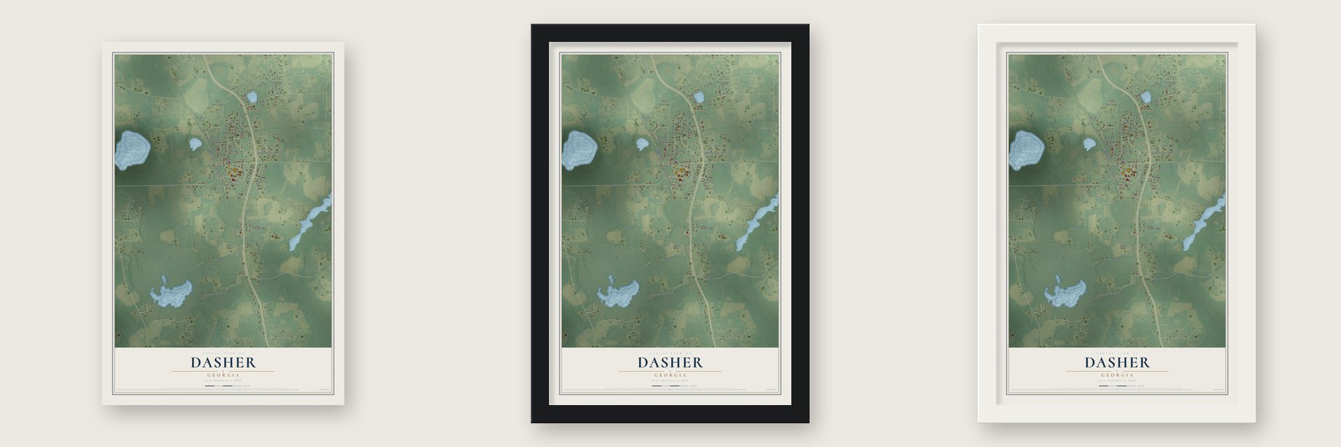 Dasher, Georgia map unframed, in a black wood frame and in a white wood frame