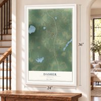Dasher, Georgia map, 24 x 36 inch print in a white frame by a staircase
