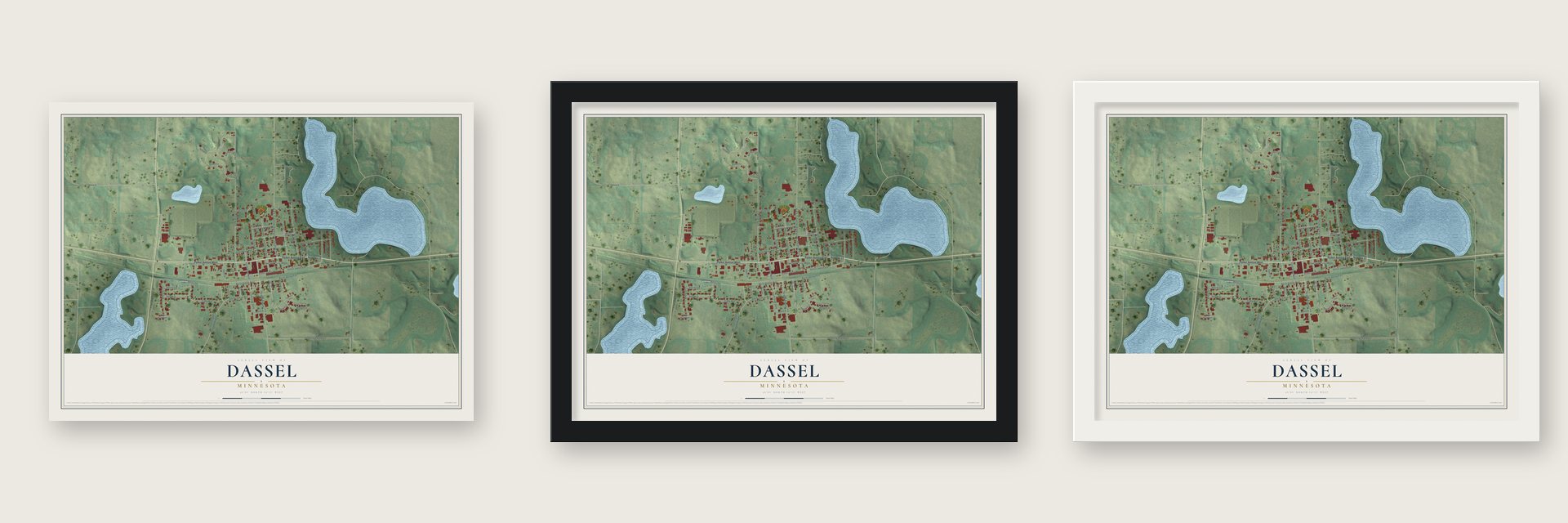 Dassel, Minnesota map unframed, in a black wood frame and in a white wood frame