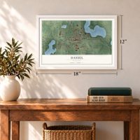 Dassel, Minnesota map, 12 x 18 inch print in a white frame in an entryway