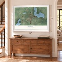 Dassel, Minnesota map, 24 x 36 inch print in a white frame above a dresser by a staircase