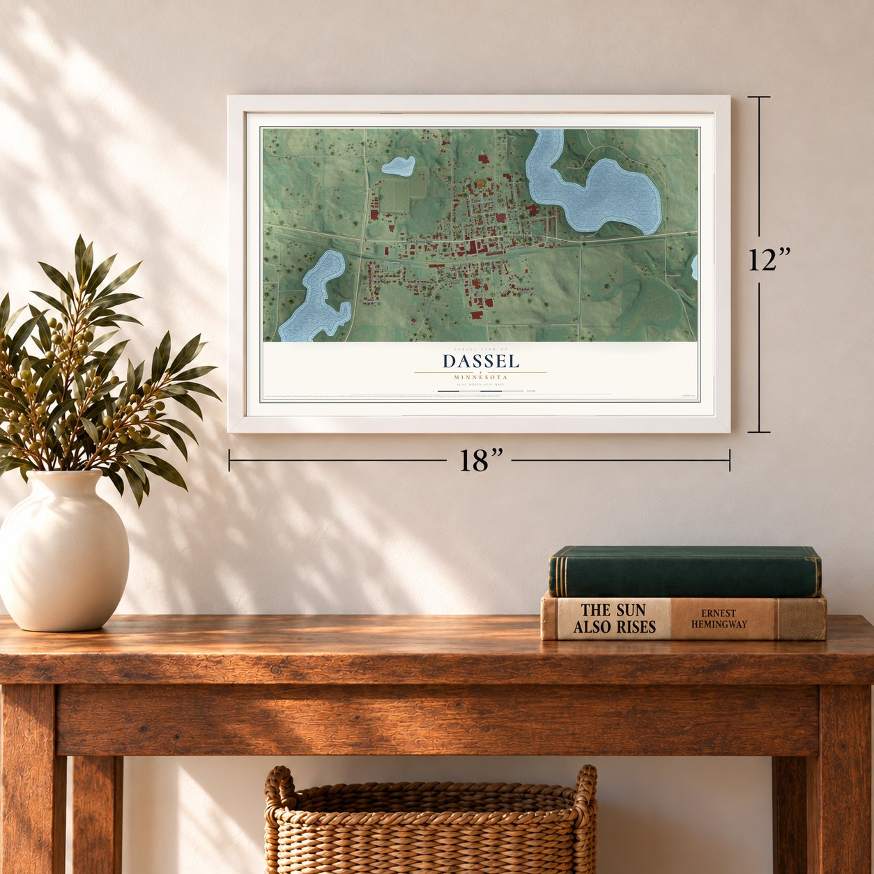 Dassel, Minnesota map, 12 x 18 inch print in a white frame in an entryway