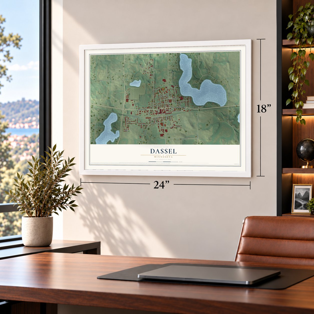Dassel, Minnesota map, 18 x 24 inch print in a white frame in a home office