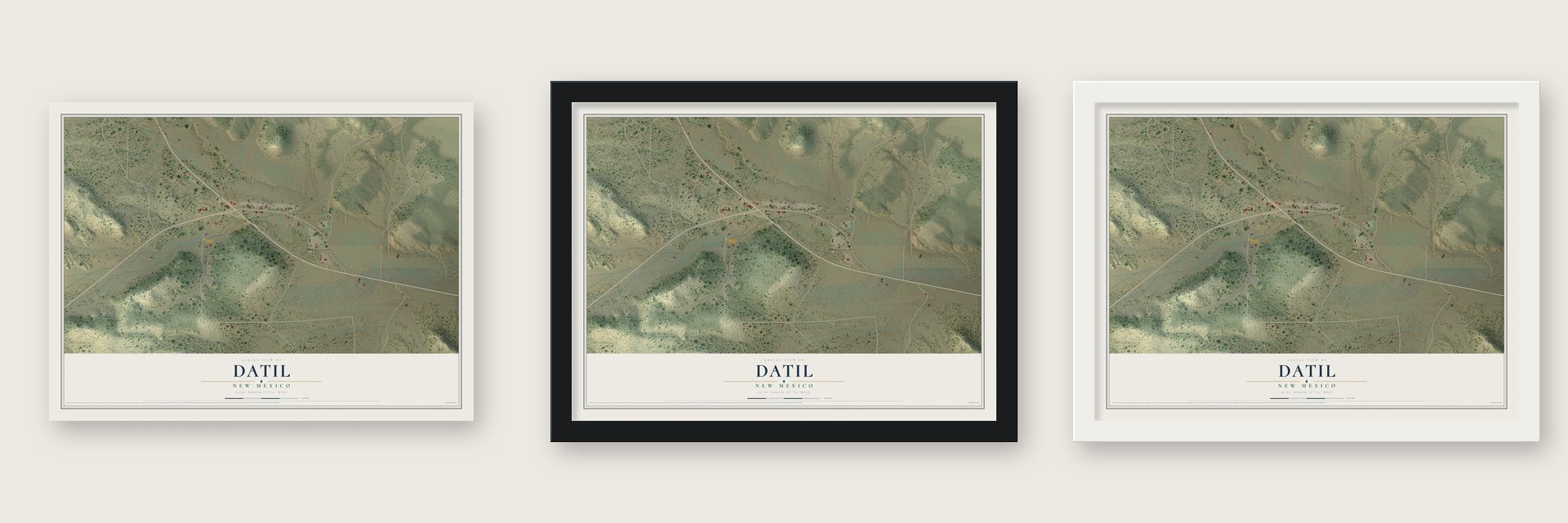 Datil, New Mexico map unframed, in a black wood frame and in a white wood frame