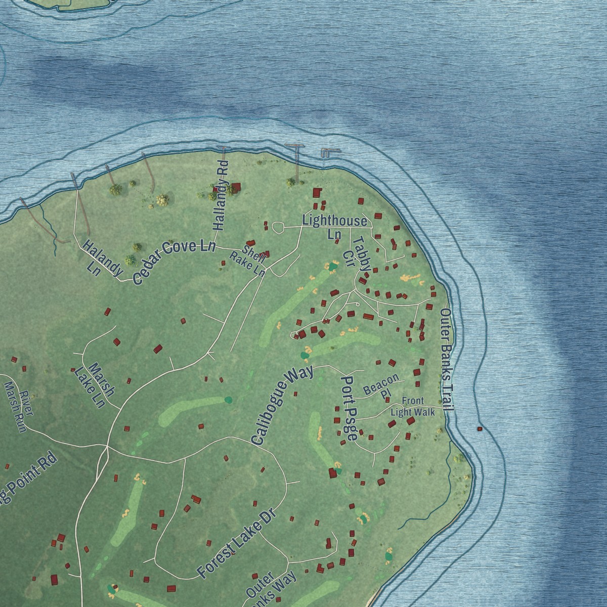 Second close-up of the map of Daufuskie Island, South Carolina print showing more streets and buildings