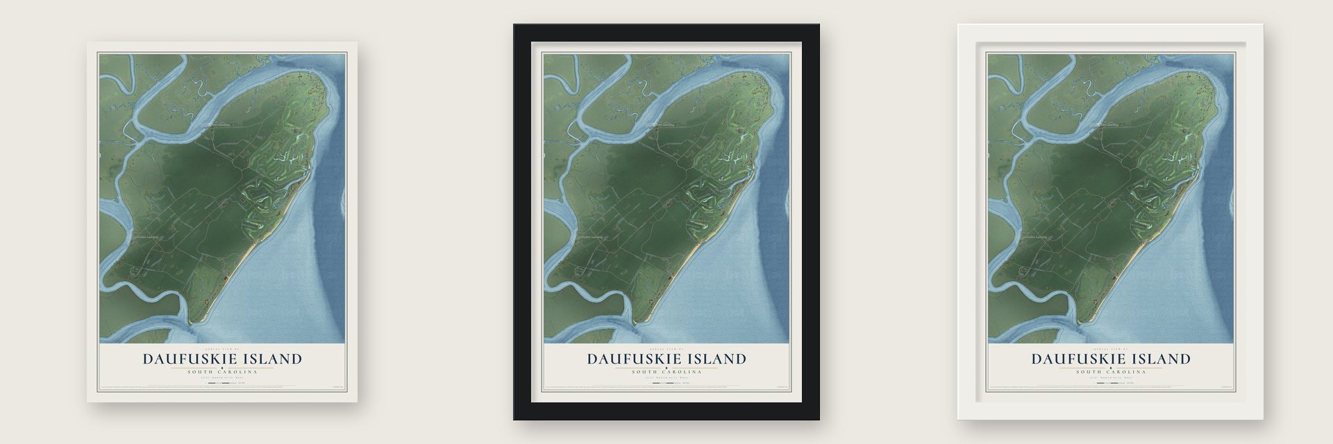 Daufuskie Island, South Carolina map unframed, in a black wood frame and in a white wood frame