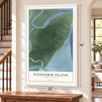 Daufuskie Island, South Carolina map, 24 x 36 inch print in a white frame by a staircase
