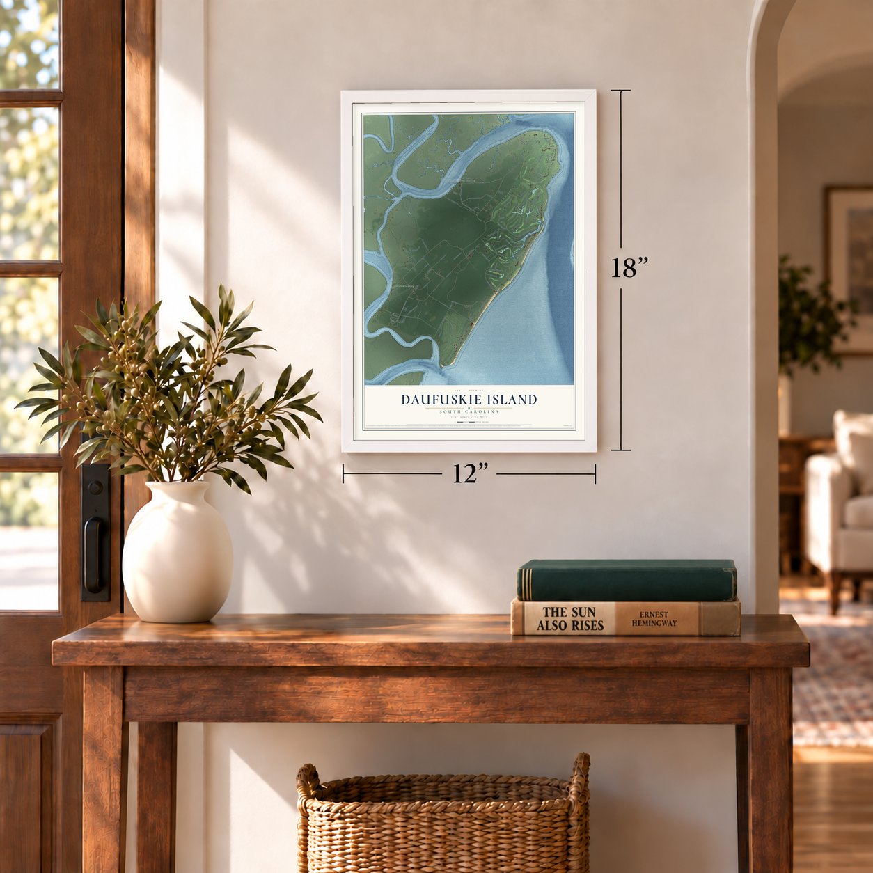 Daufuskie Island, South Carolina map, 12 x 18 inch print in a white frame in an entryway