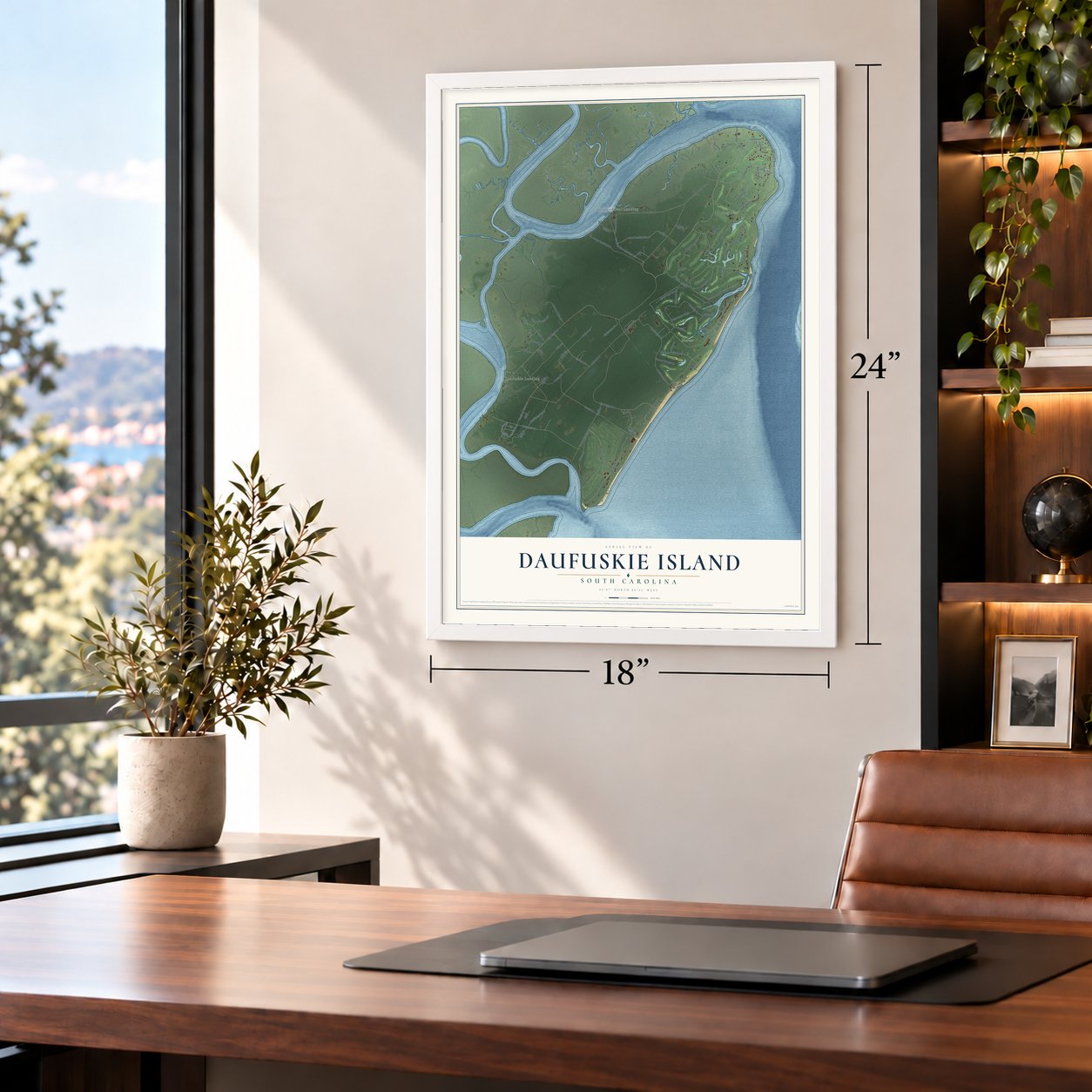 Daufuskie Island, South Carolina map, 18 x 24 inch print in a white frame in a home office