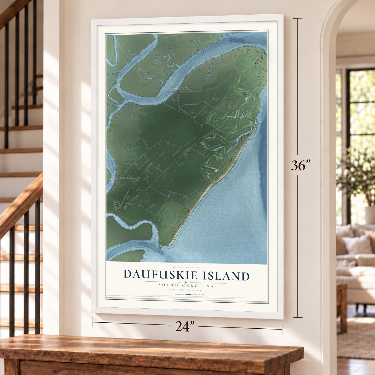 Daufuskie Island, South Carolina map, 24 x 36 inch print in a white frame by a staircase